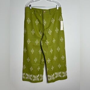 Calypso St. Barth Green Embroidered  Leg Pants Pull On Boho Beach Resort New XL